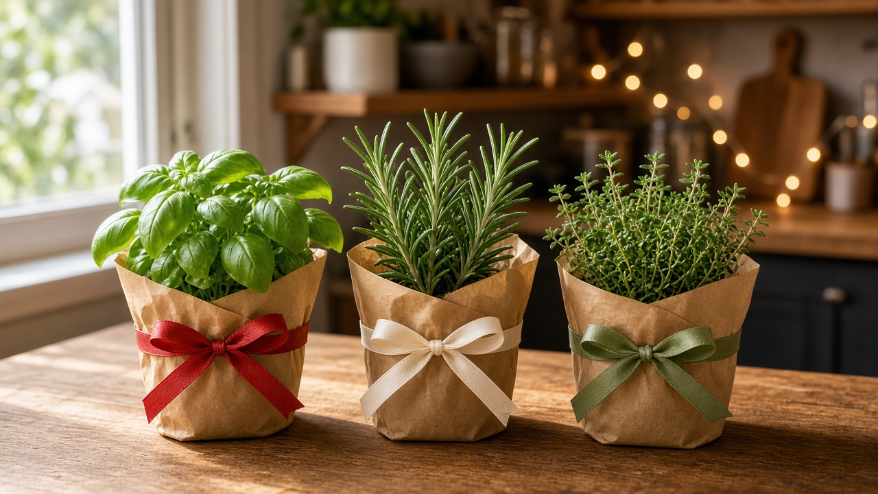 Potted basil, rosemary and thyme wrapped in kraft paper with ribbon bows (AI-generated image)